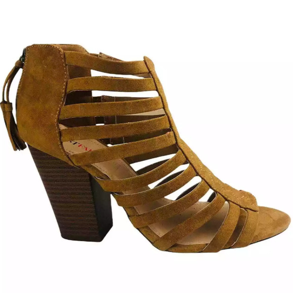 JustFab Womens Romina Cognac Strappy Peep Toe Faux Suede Heeled Sandals Size 10 - Picture 1 of 9